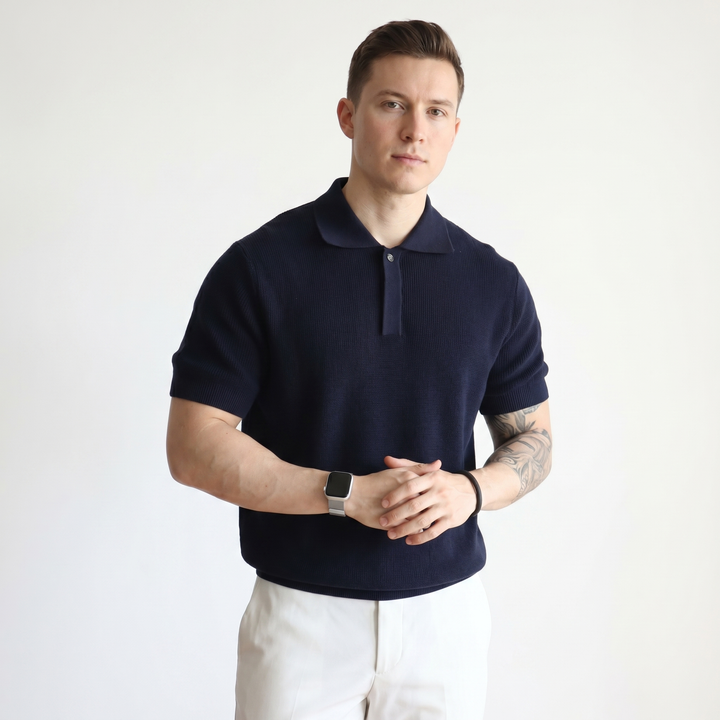 Mens Knit Polo Shirt - Waffle Texture Short Sleeve