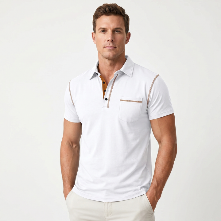 Mens Polo Shirt - Contrast Stitch Chest Pocket Short Sleeve