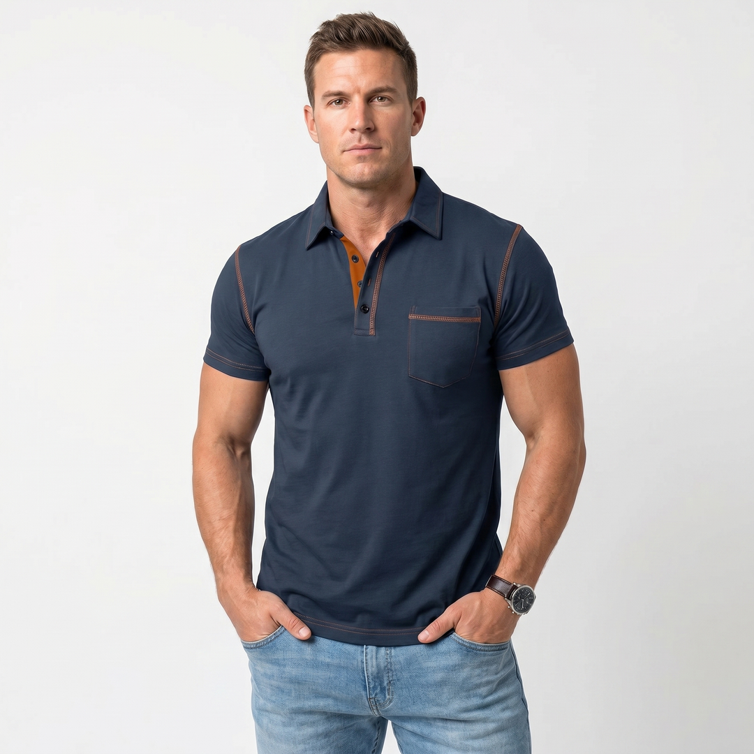Mens Polo Shirt - Contrast Stitch Chest Pocket Short Sleeve