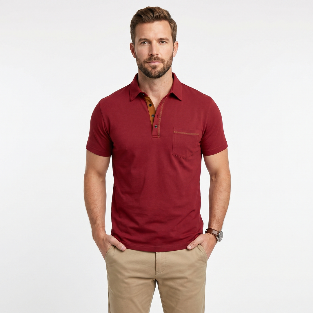 Mens Polo Shirt - Contrast Stitch Chest Pocket Short Sleeve