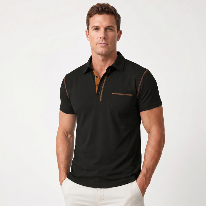 Mens Polo Shirt - Contrast Stitch Chest Pocket Short Sleeve
