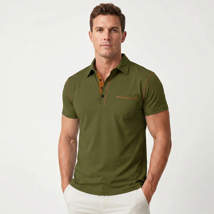 Mens Polo Shirt - Contrast Stitch Chest Pocket Short Sleeve