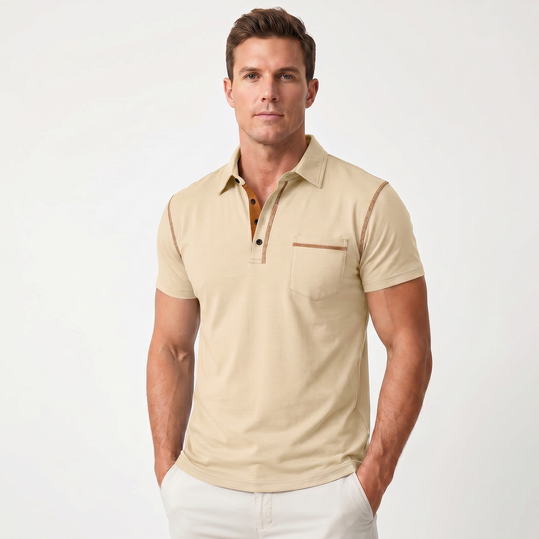 Mens Polo Shirt - Contrast Stitch Chest Pocket Short Sleeve