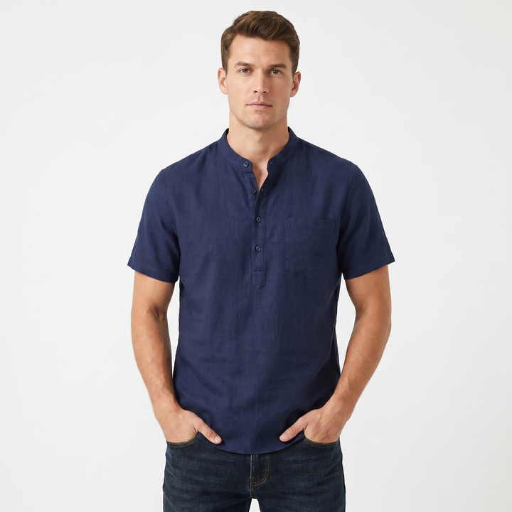 Mens Linen Shirt - Band Collar Henley Short Sleeve
