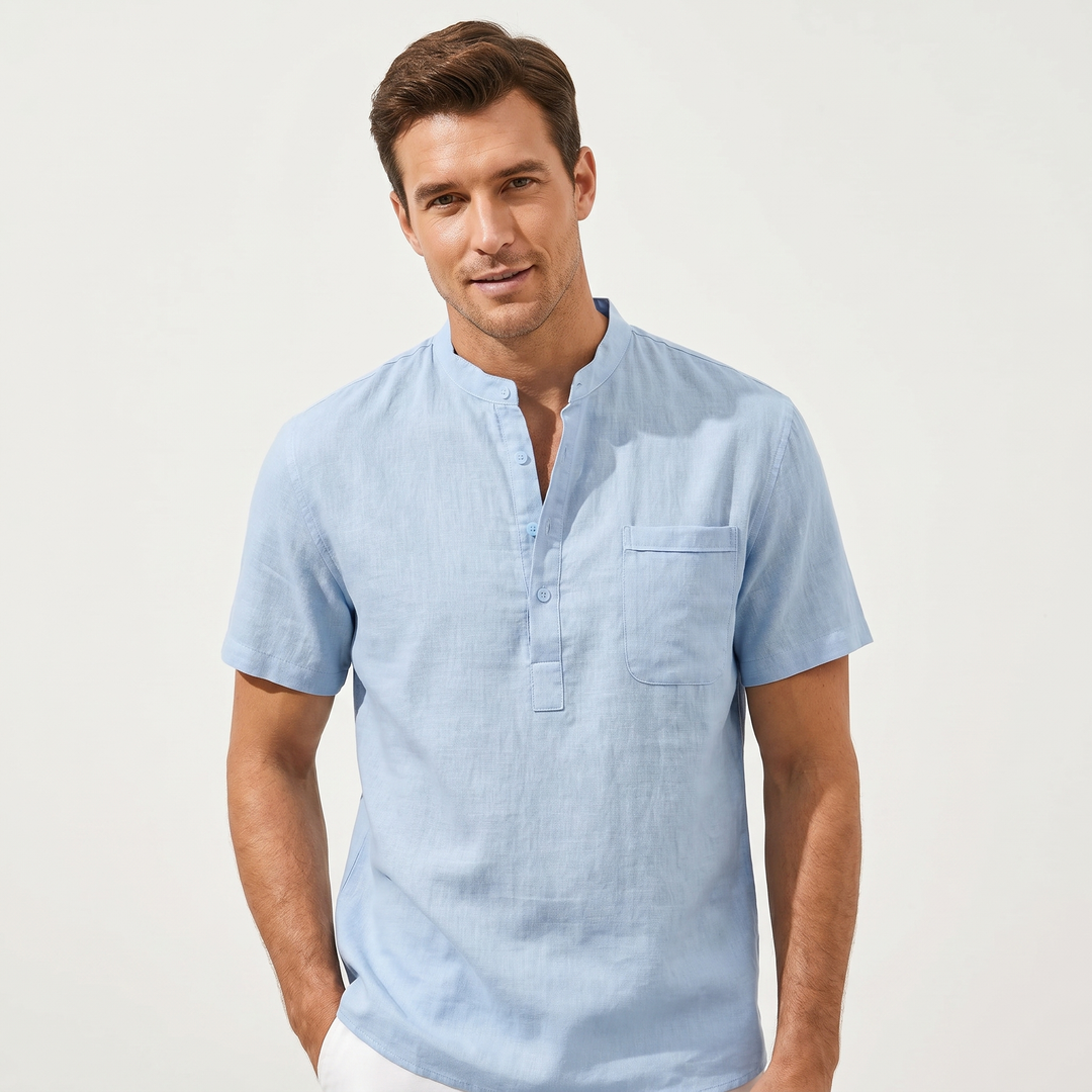 Mens Linen Shirt - Band Collar Henley Short Sleeve