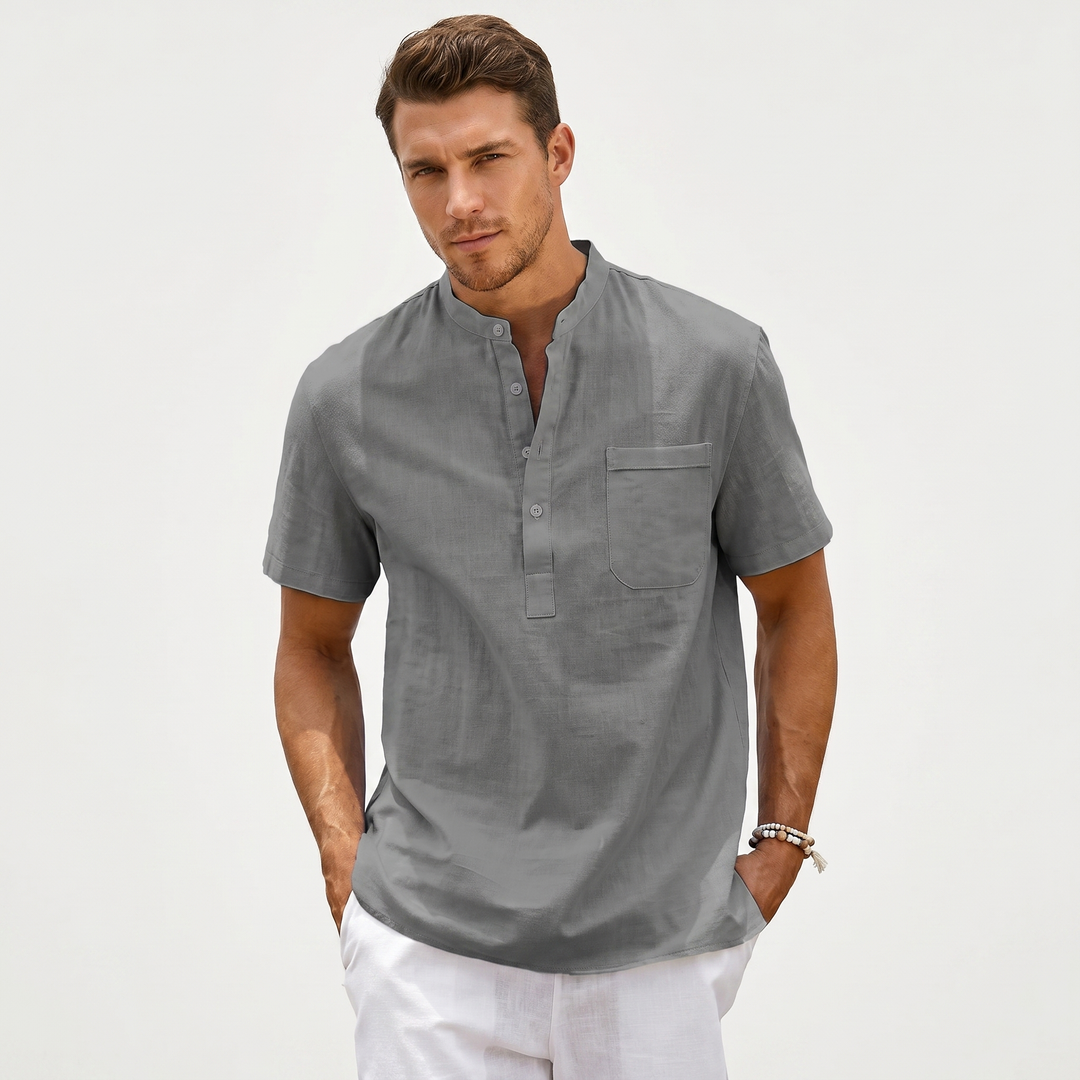 Mens Linen Shirt - Band Collar Henley Short Sleeve