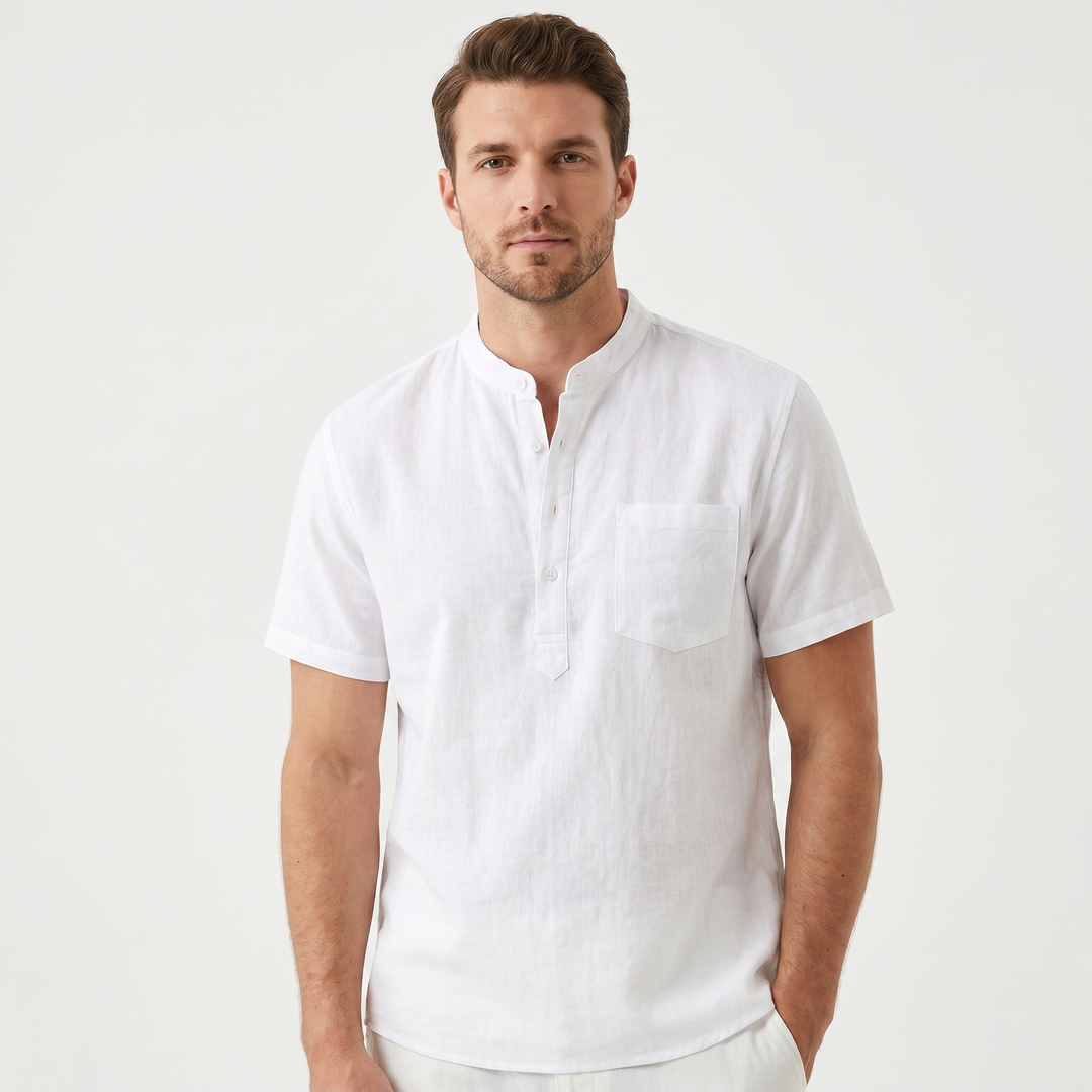 Mens Linen Shirt - Band Collar Henley Short Sleeve
