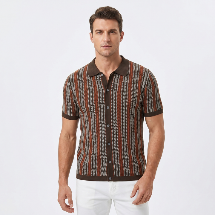 Mens Knit Shirt - Vintage Stripe Button Down Short Sleeve