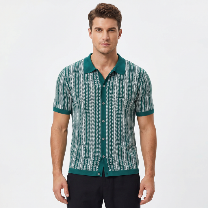 Mens Knit Shirt - Vintage Stripe Button Down Short Sleeve