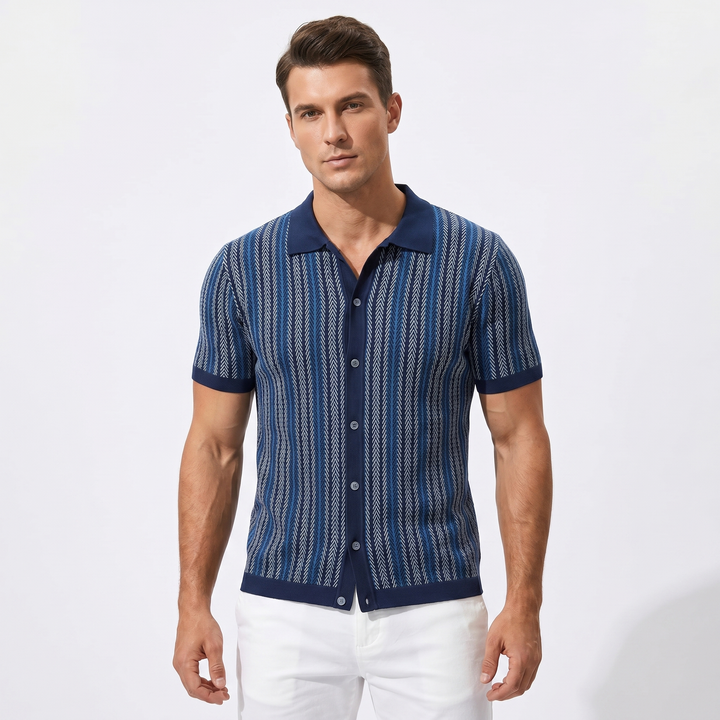 Mens Knit Shirt - Vintage Stripe Button Down Short Sleeve