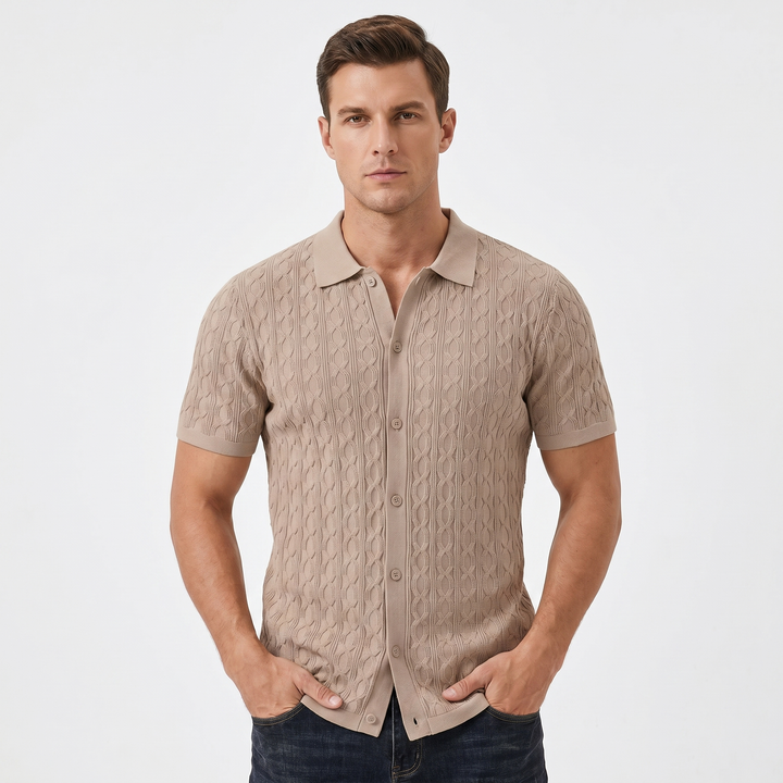 Mens Cable Knit Shirt - Button Down Short Sleeve