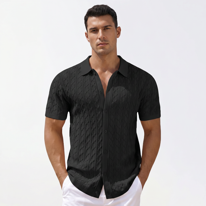 Mens Cable Knit Shirt - Button Down Short Sleeve