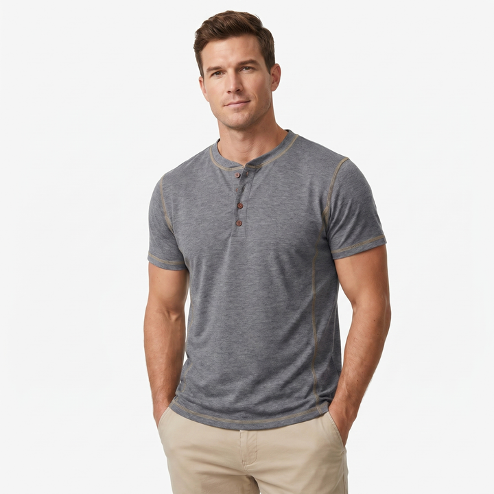 Mens Henley Shirt - Contrast Stitch Short Sleeve Button Placket