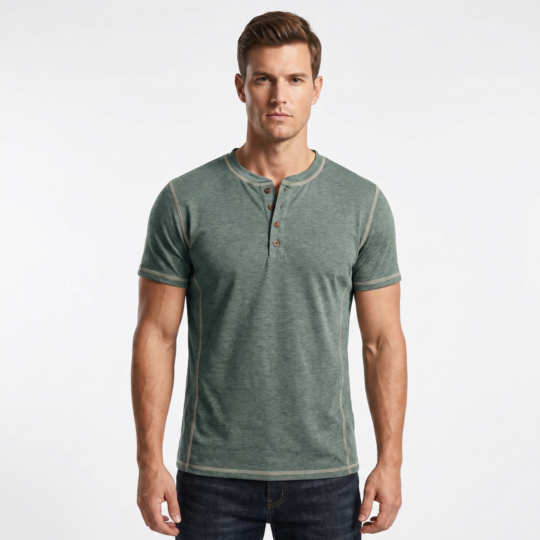 Mens Henley Shirt - Contrast Stitch Short Sleeve Button Placket