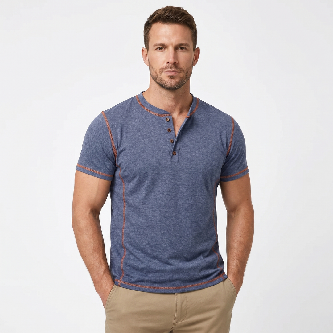 Mens Henley Shirt - Contrast Stitch Short Sleeve Button Placket