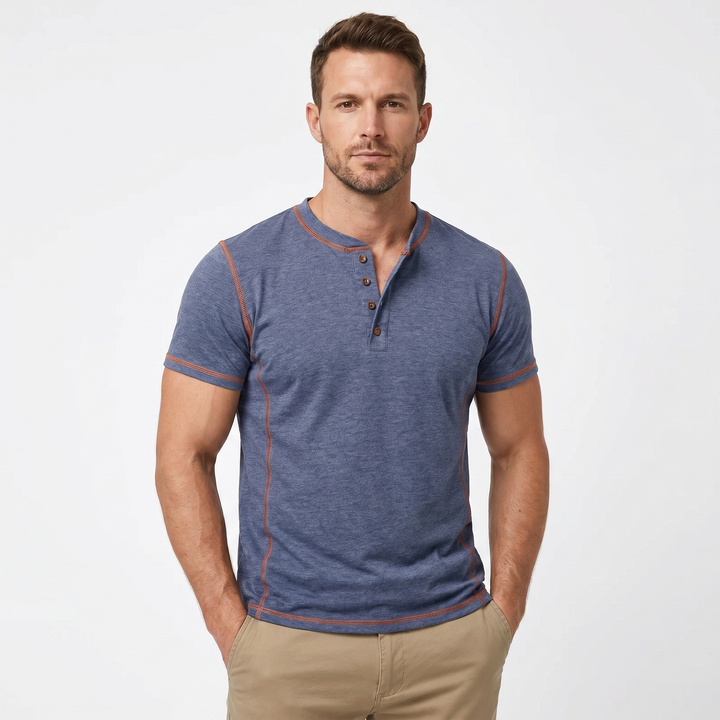 Mens Henley Shirt - Contrast Stitch Short Sleeve Button Placket