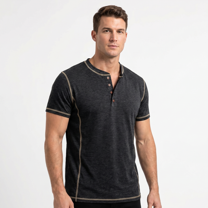 Mens Henley Shirt - Contrast Stitch Short Sleeve Button Placket