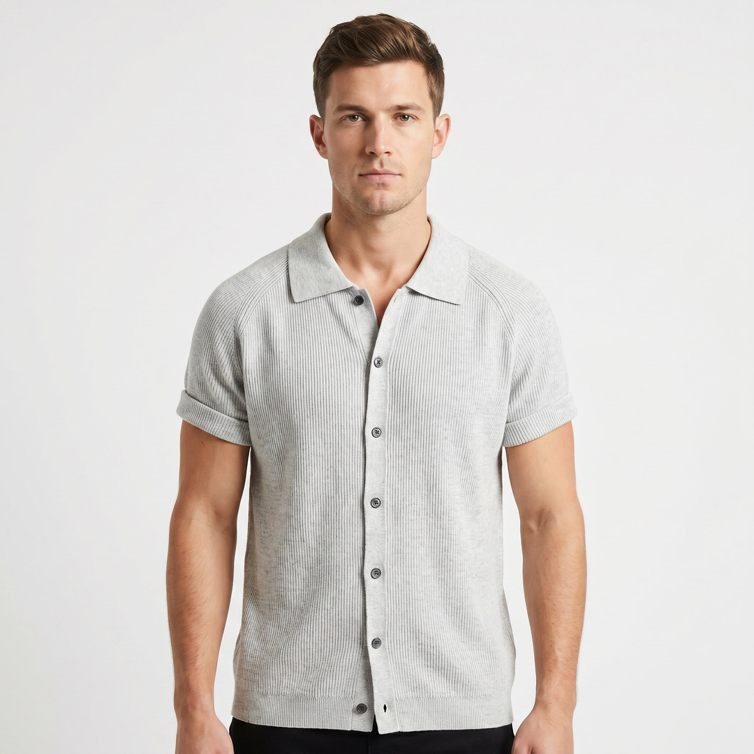 Mens Ribbed Shirt - Cuban Collar Button Down Short Sleeve