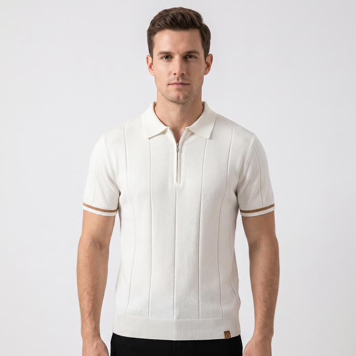 Mens Knit Polo Shirt - Quarter Zip Contrast Cuff Short Sleeve