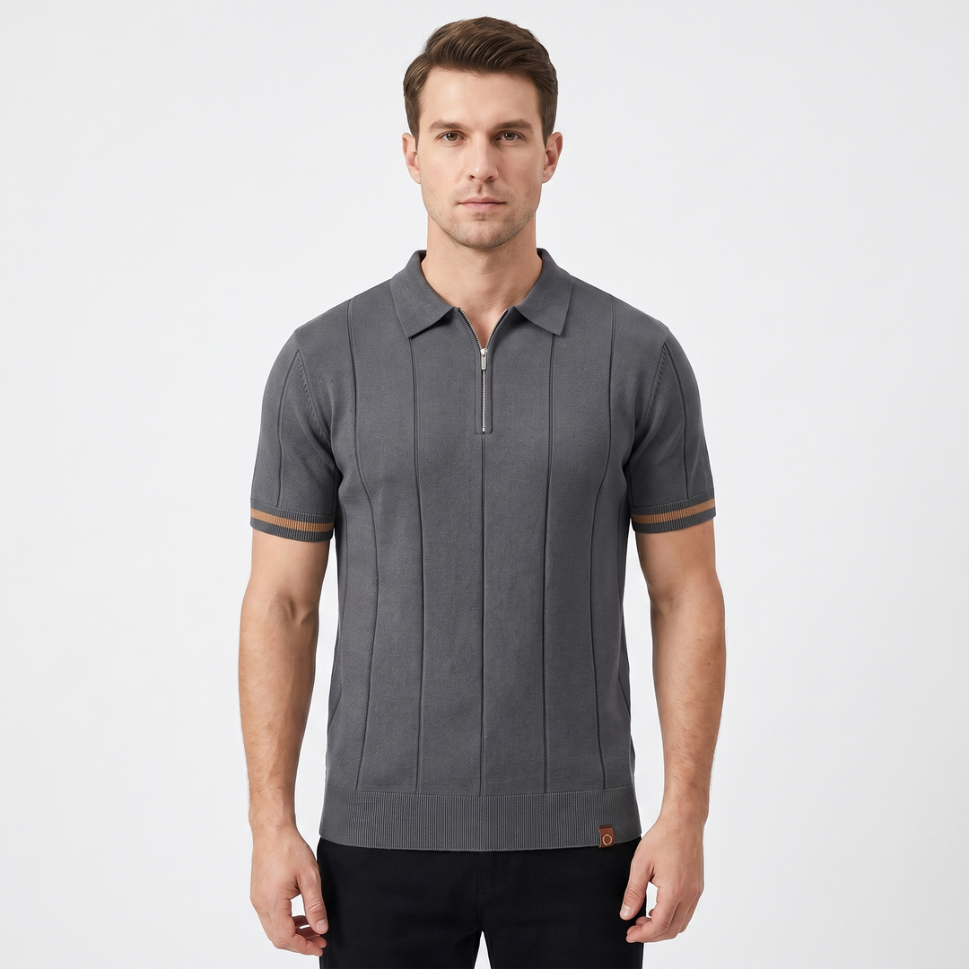 Mens Knit Polo Shirt - Quarter Zip Contrast Cuff Short Sleeve