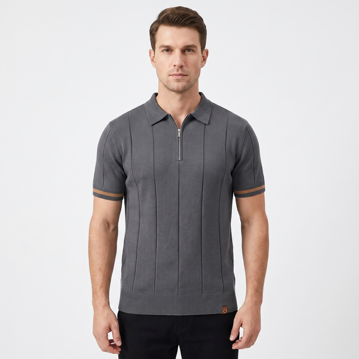 Mens Knit Polo Shirt - Quarter Zip Contrast Cuff Short Sleeve