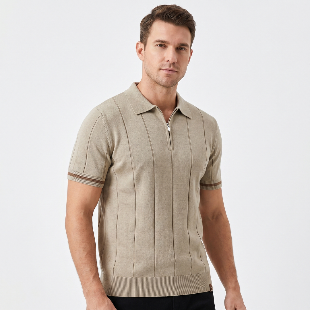 Mens Knit Polo Shirt - Quarter Zip Contrast Cuff Short Sleeve