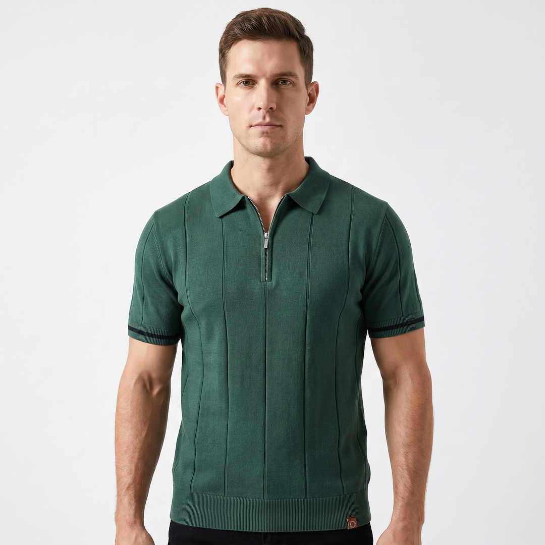 Mens Knit Polo Shirt - Quarter Zip Contrast Cuff Short Sleeve
