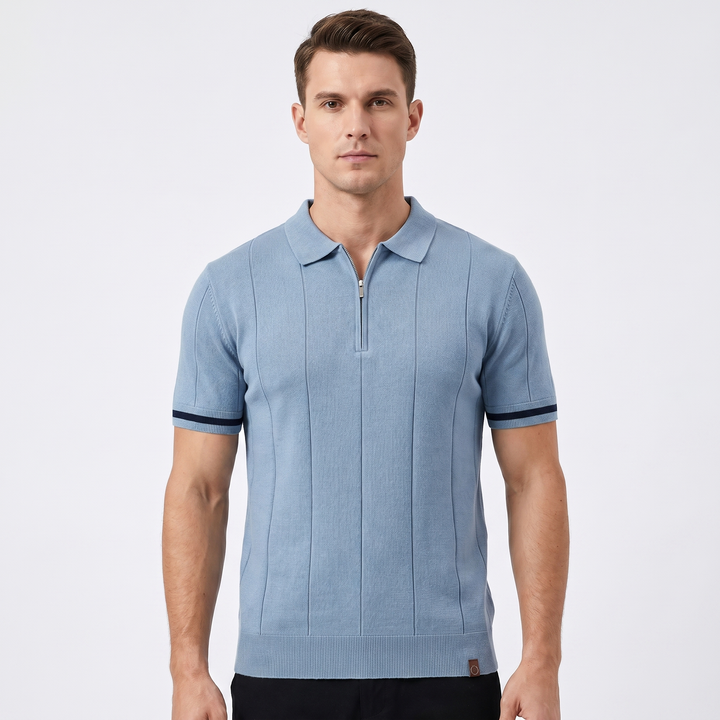 Mens Knit Polo Shirt - Quarter Zip Contrast Cuff Short Sleeve