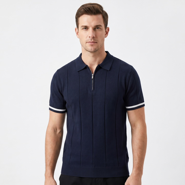 Mens Knit Polo Shirt - Quarter Zip Contrast Cuff Short Sleeve