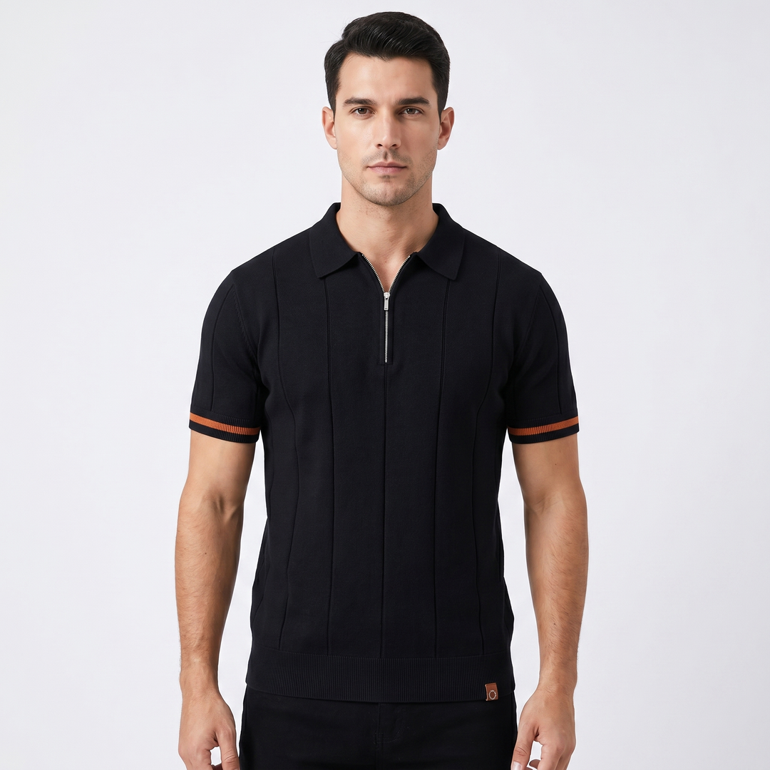 Mens Knit Polo Shirt - Quarter Zip Contrast Cuff Short Sleeve
