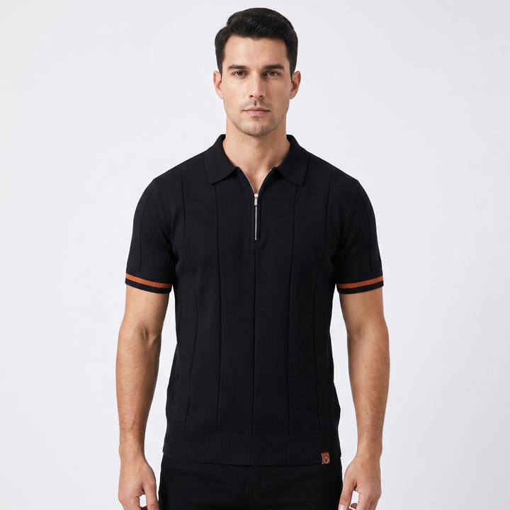 Mens Knit Polo Shirt - Quarter Zip Contrast Cuff Short Sleeve