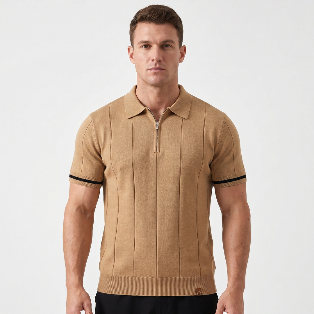 Mens Knit Polo Shirt - Quarter Zip Contrast Cuff Short Sleeve