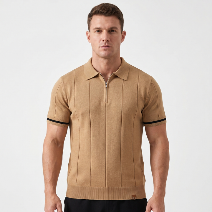 Mens Knit Polo Shirt - Quarter Zip Contrast Cuff Short Sleeve