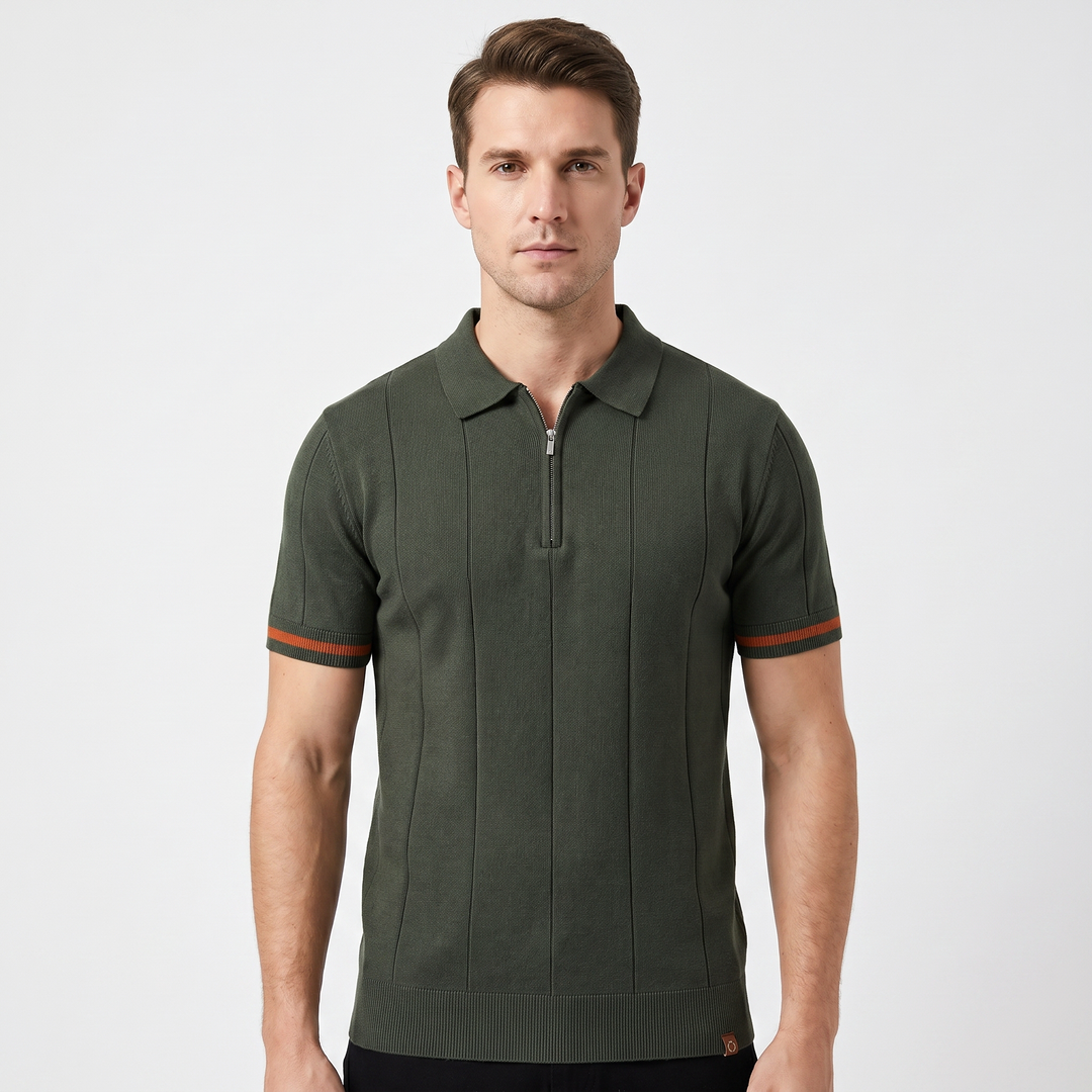 Mens Knit Polo Shirt - Quarter Zip Contrast Cuff Short Sleeve