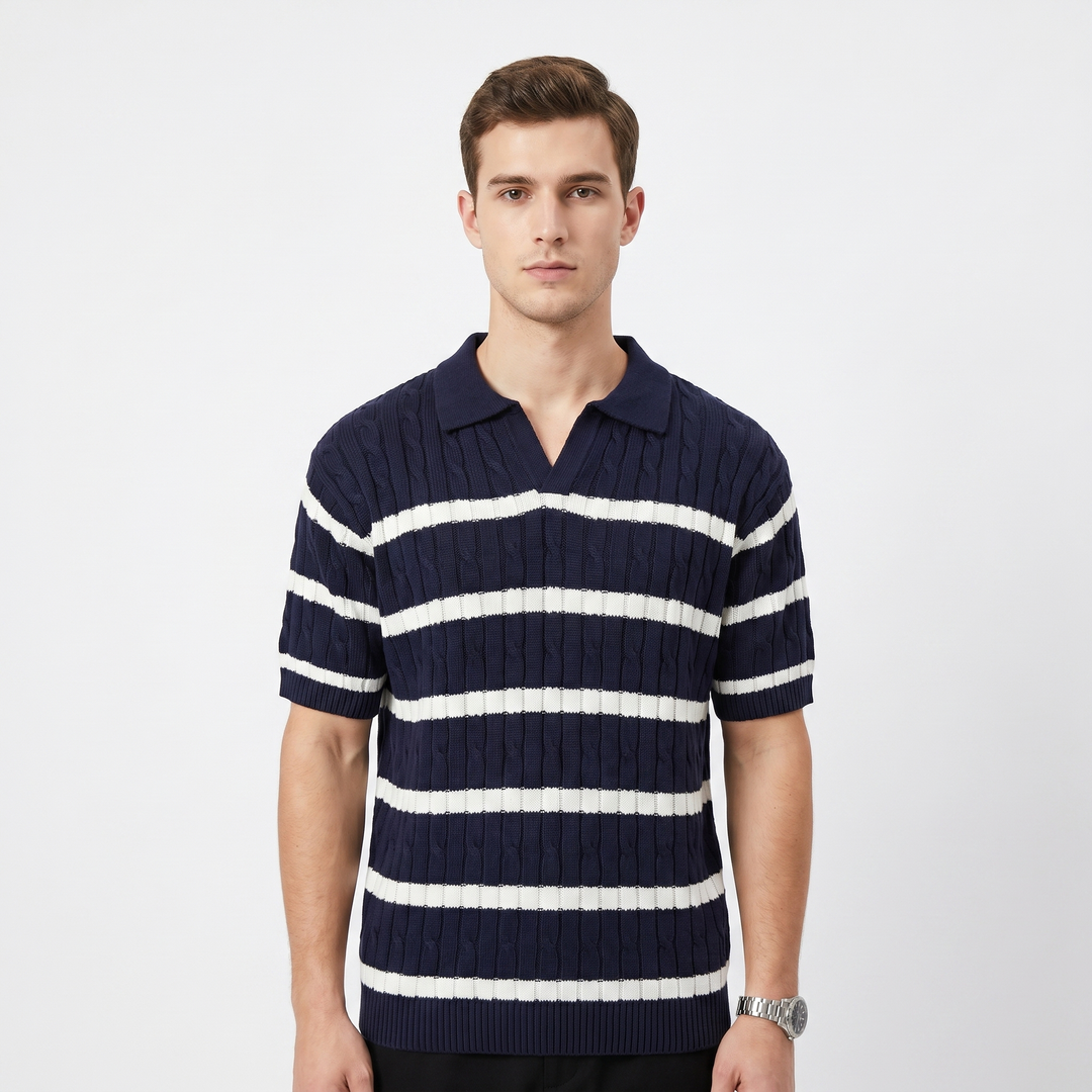 Mens Cable Knit Polo Shirt - Striped Open Collar Short Sleeve