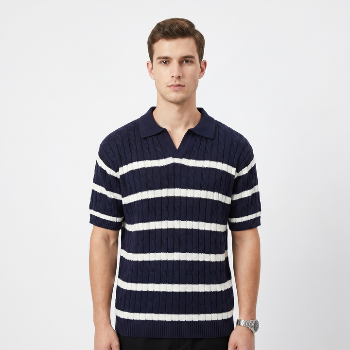Mens Cable Knit Polo Shirt - Striped Open Collar Short Sleeve