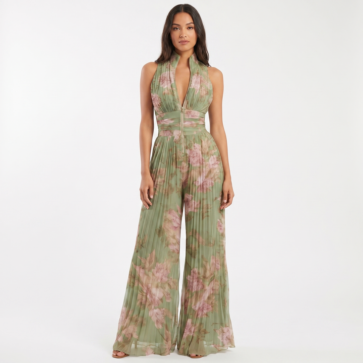 Pleated Wide Leg Jumpsuit - Halter Neck Zip Front