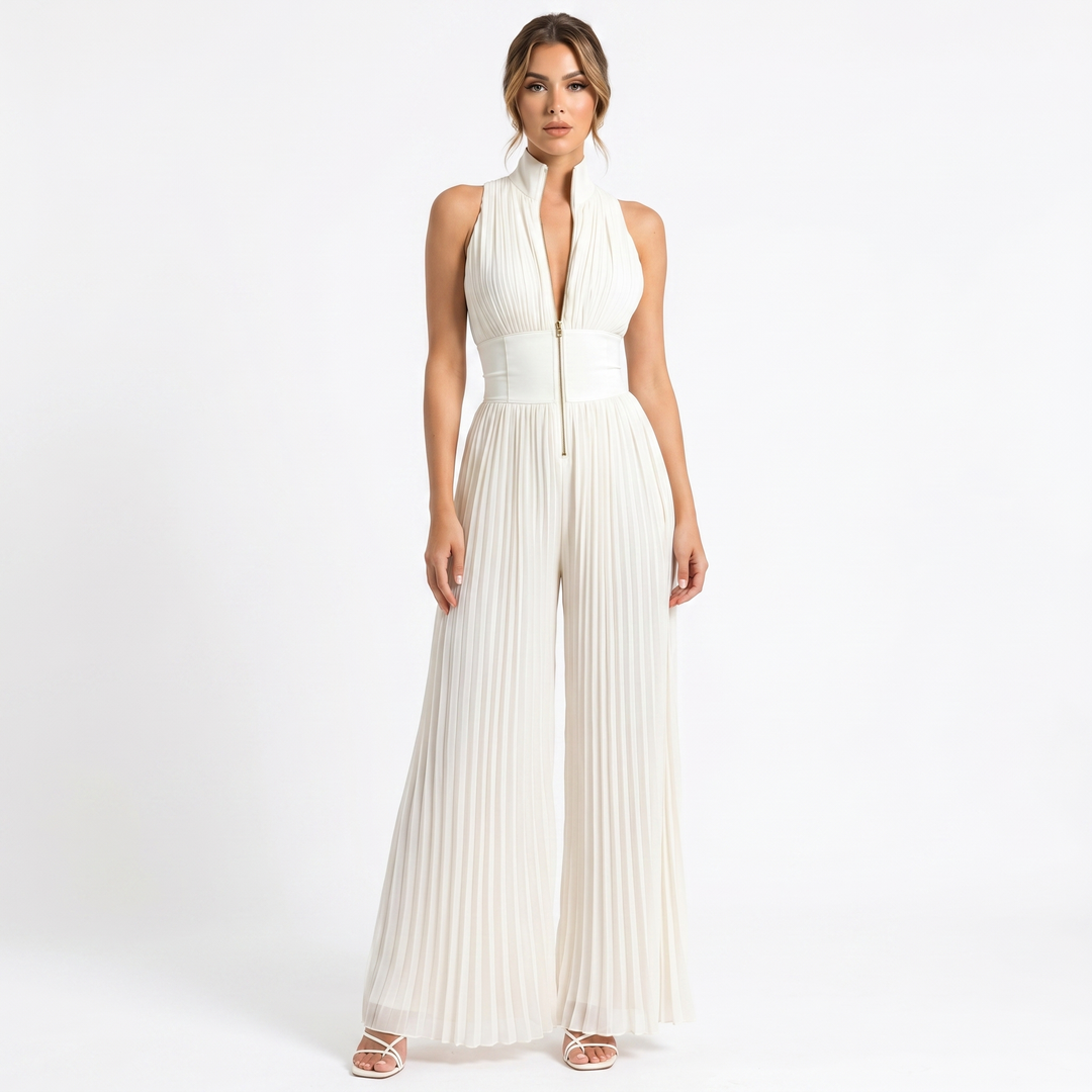 Pleated Wide Leg Jumpsuit - Halter Neck Zip Front