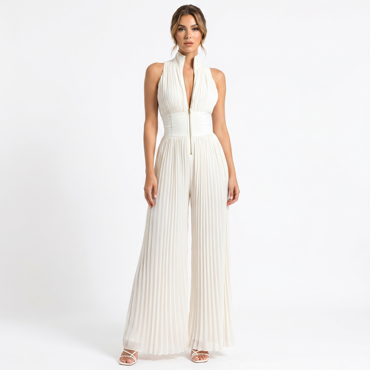 Pleated Wide Leg Jumpsuit - Halter Neck Zip Front