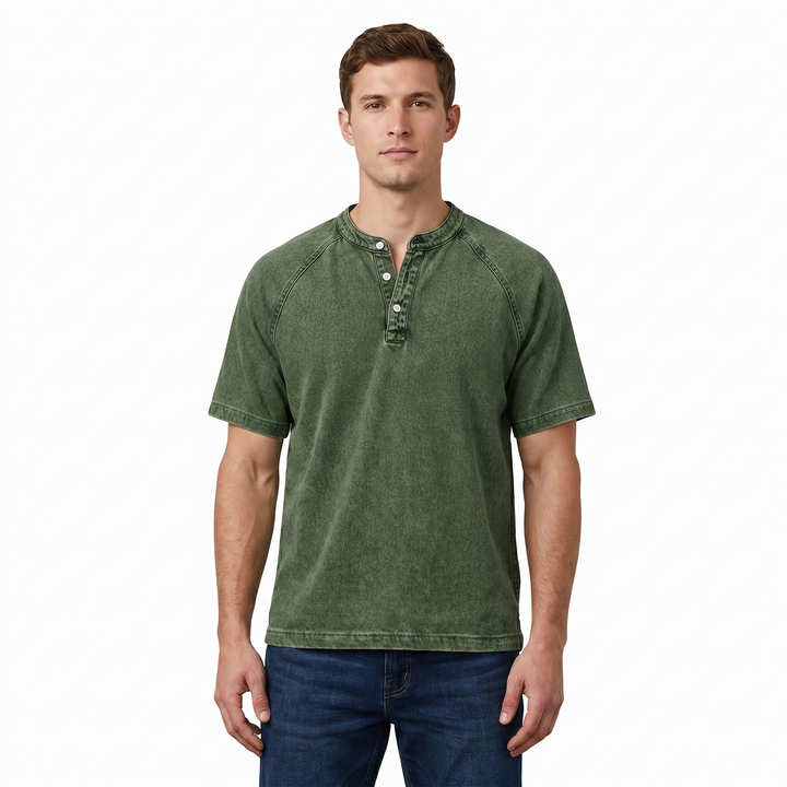 Short Sleeve Henley Shirt - Washed Cotton Raglan