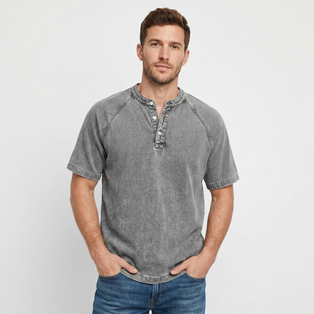 Short Sleeve Henley Shirt - Washed Cotton Raglan