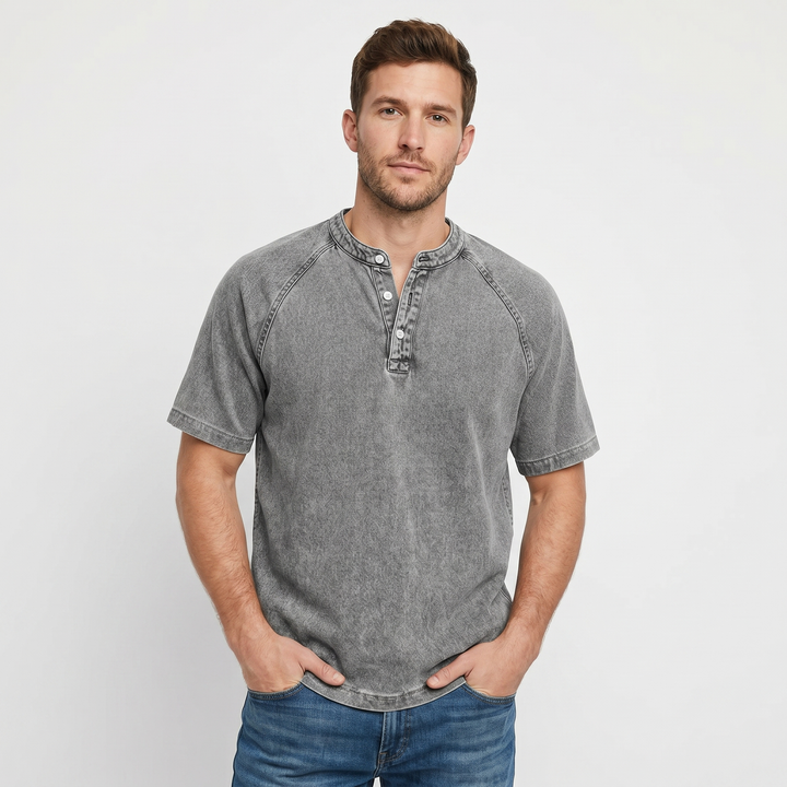 Short Sleeve Henley Shirt - Washed Cotton Raglan