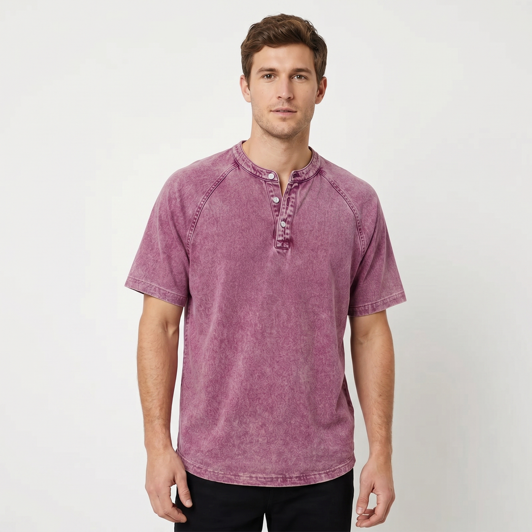 Short Sleeve Henley Shirt - Washed Cotton Raglan