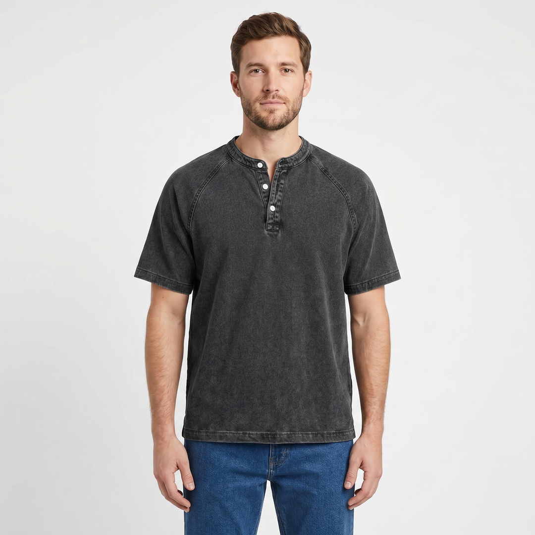 Short Sleeve Henley Shirt - Washed Cotton Raglan