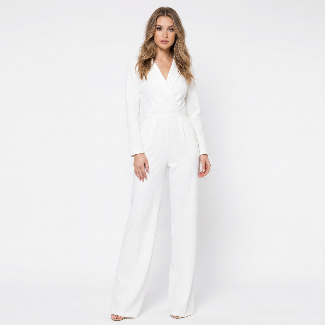 Wide Leg Jumpsuit - Long Sleeve Lapel Wrap Front