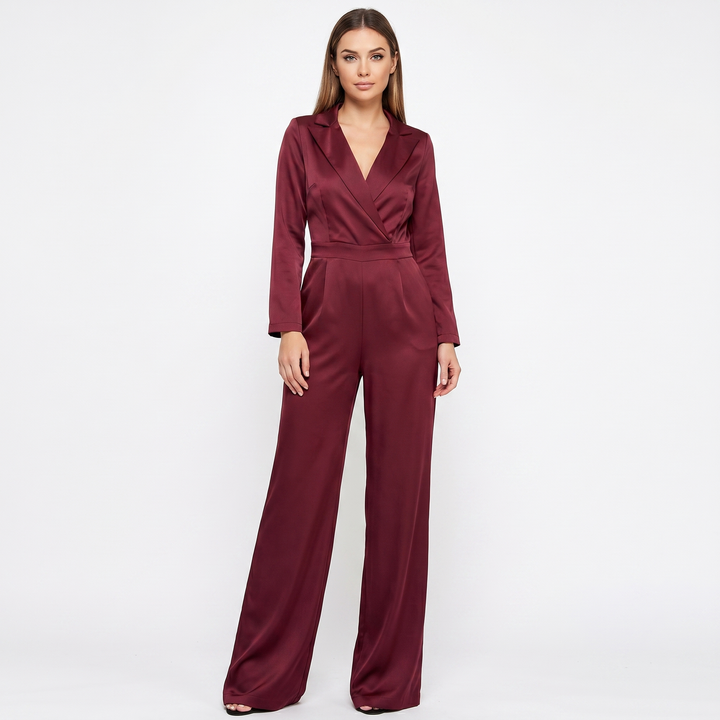 Wide Leg Jumpsuit - Long Sleeve Lapel Wrap Front