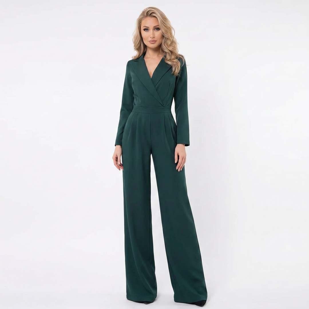 Wide Leg Jumpsuit - Long Sleeve Lapel Wrap Front