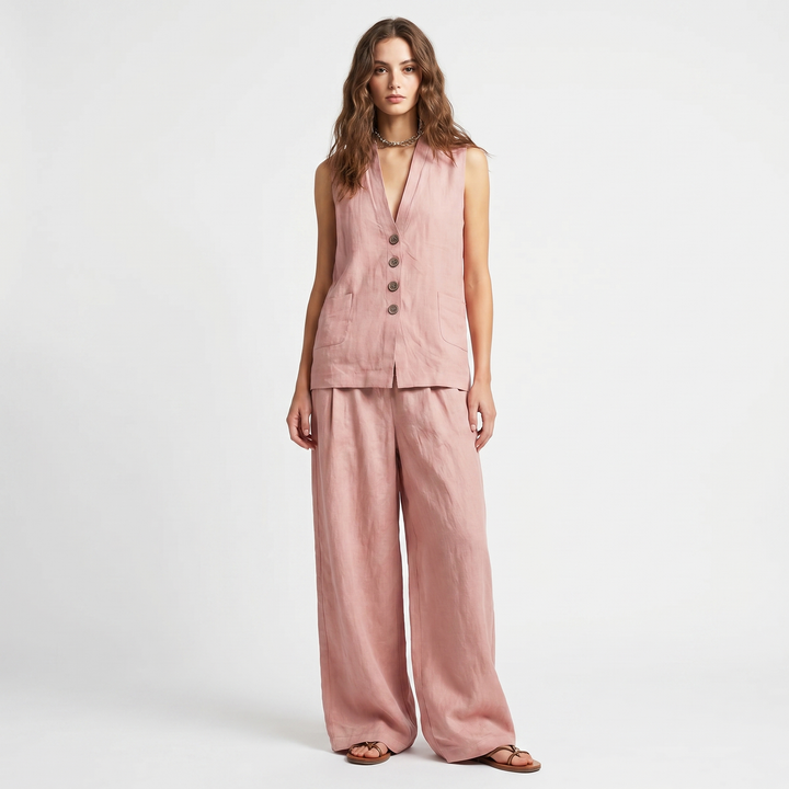 Linen Set - Waistcoat and Wide Leg Pants