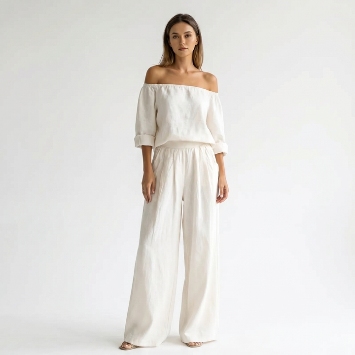 Linen Set - Off Shoulder Top and Wide Leg Pants
