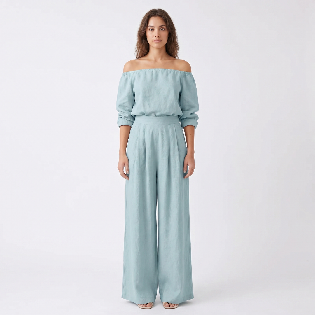 Linen Set - Off Shoulder Top and Wide Leg Pants